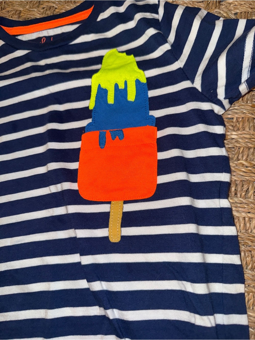 Mini Boden Navy & White Striped Tee with Bright Popsicle Patch - Picture 2 of 3